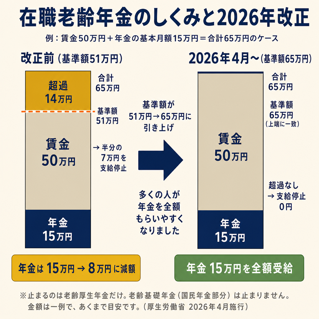 在職老齢年金のしくみと2026年改正。改正前（基準額51万円・超過14万円・支給停止7万円・年金8万円に減額）と改正後（基準額65万円・超過なし・支給停止0円・年金15万円を全額受給）の積み上げバー比較図