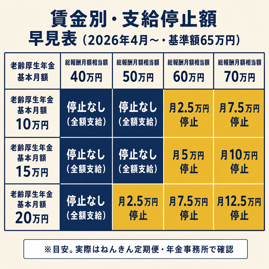 賃金別・年金別の支給停止額マトリクス早見表(65万円基準)