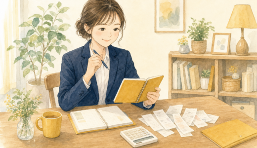 家計簿とレシート、電卓を前に前向きに家計を見直す会社員のイメージイラスト