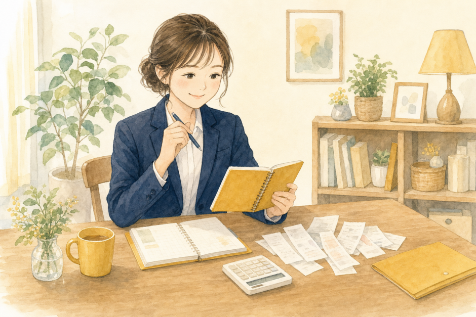 家計簿とレシート、電卓を前に前向きに家計を見直す会社員のイメージイラスト