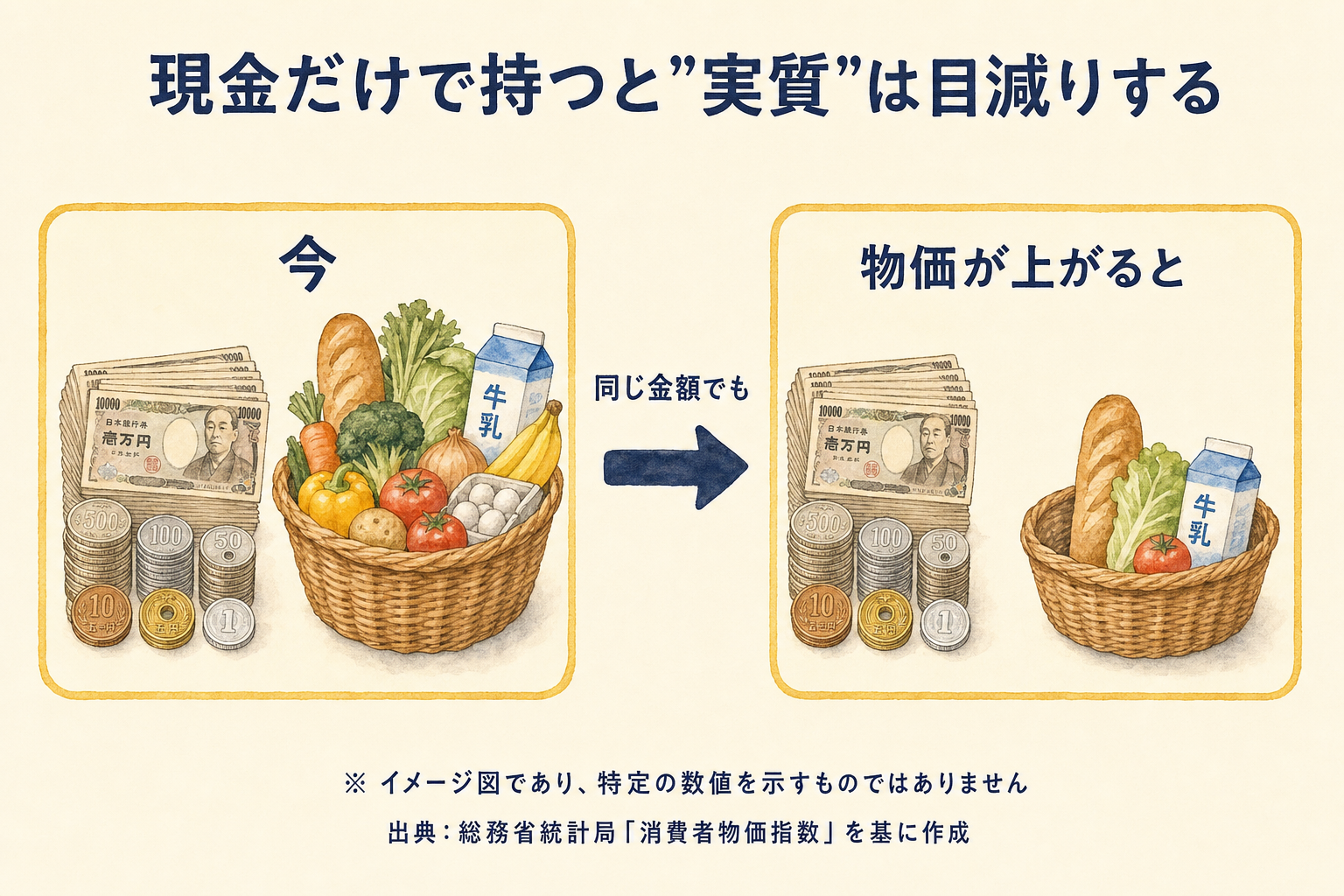 同じ金額の現金でも物価が上がると買えるモノの量が減ることを、買い物カゴの中身の違いで示した対比イラスト