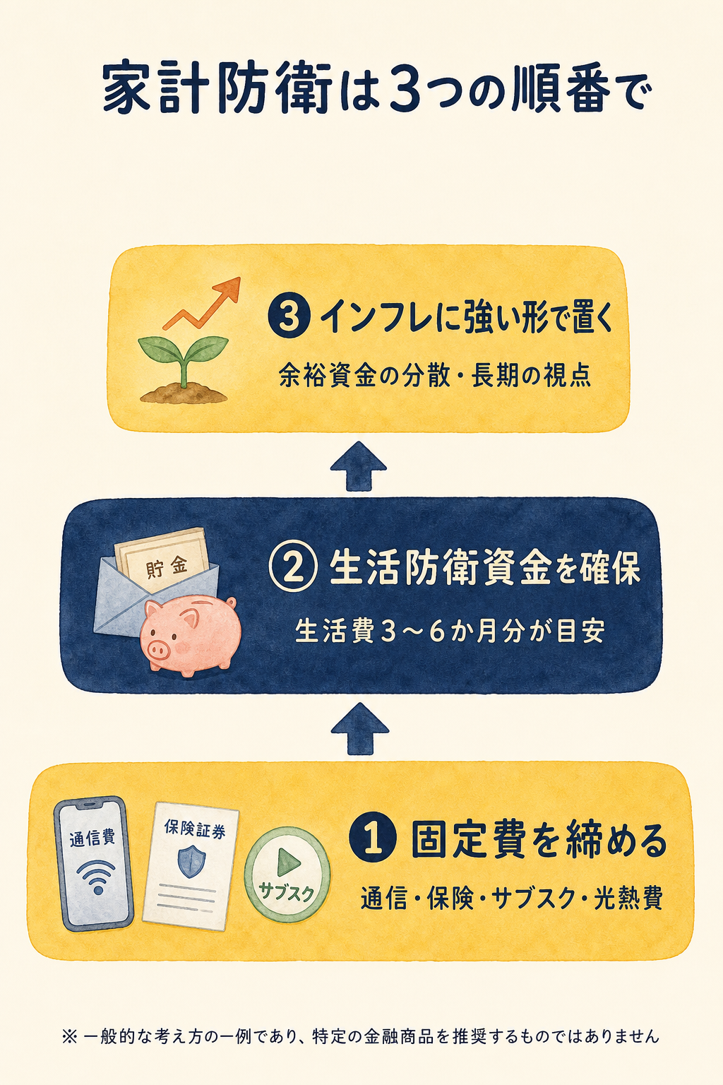 固定費を締める・生活防衛資金を確保する・インフレに強い形で置くという3層構造で家計防衛の順番を示したピラミッド図解