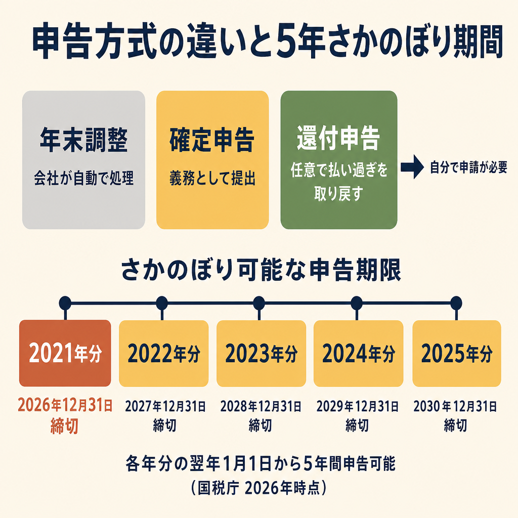 年末調整・確定申告・還付申告の3者関係と2021〜2025年分のさかのぼり可能期間タイムライン